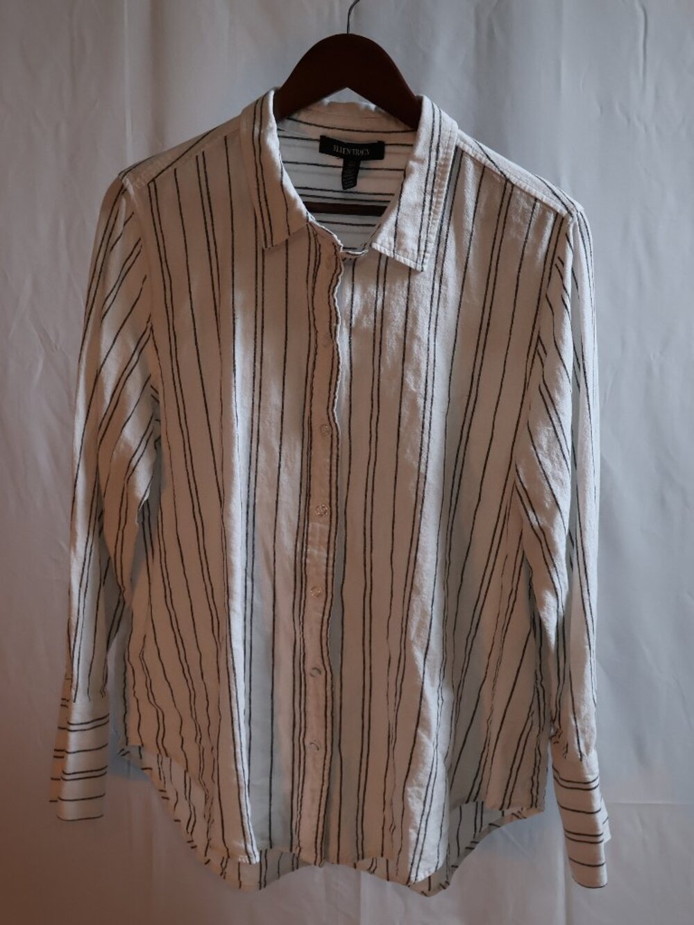 Ellen Tracy White & Black Striped Linen Blend Button Front Shirt, Size Large